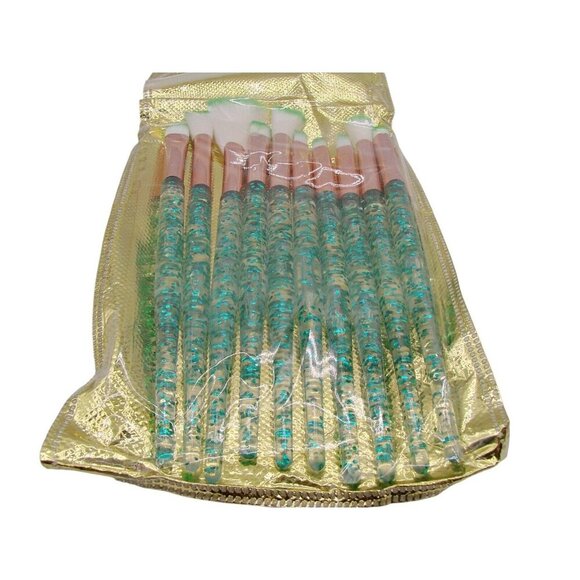 NEW Set of 10 Cosmetic MakeUp Brushes Green Glittered Acrylic Handle Sealed Pkg - Picture 6 of 7